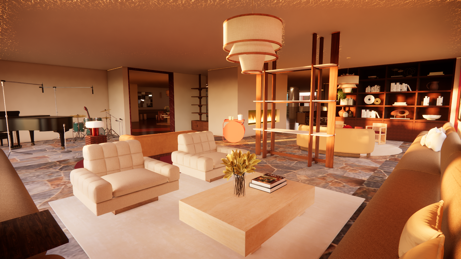 Spacious living room with beige and cream upholstered furniture, a black grand piano and drums in the background, a wooden room divider with shelves, and a large dark wood bookshelf filled with decor and books, illuminated by warm lighting.