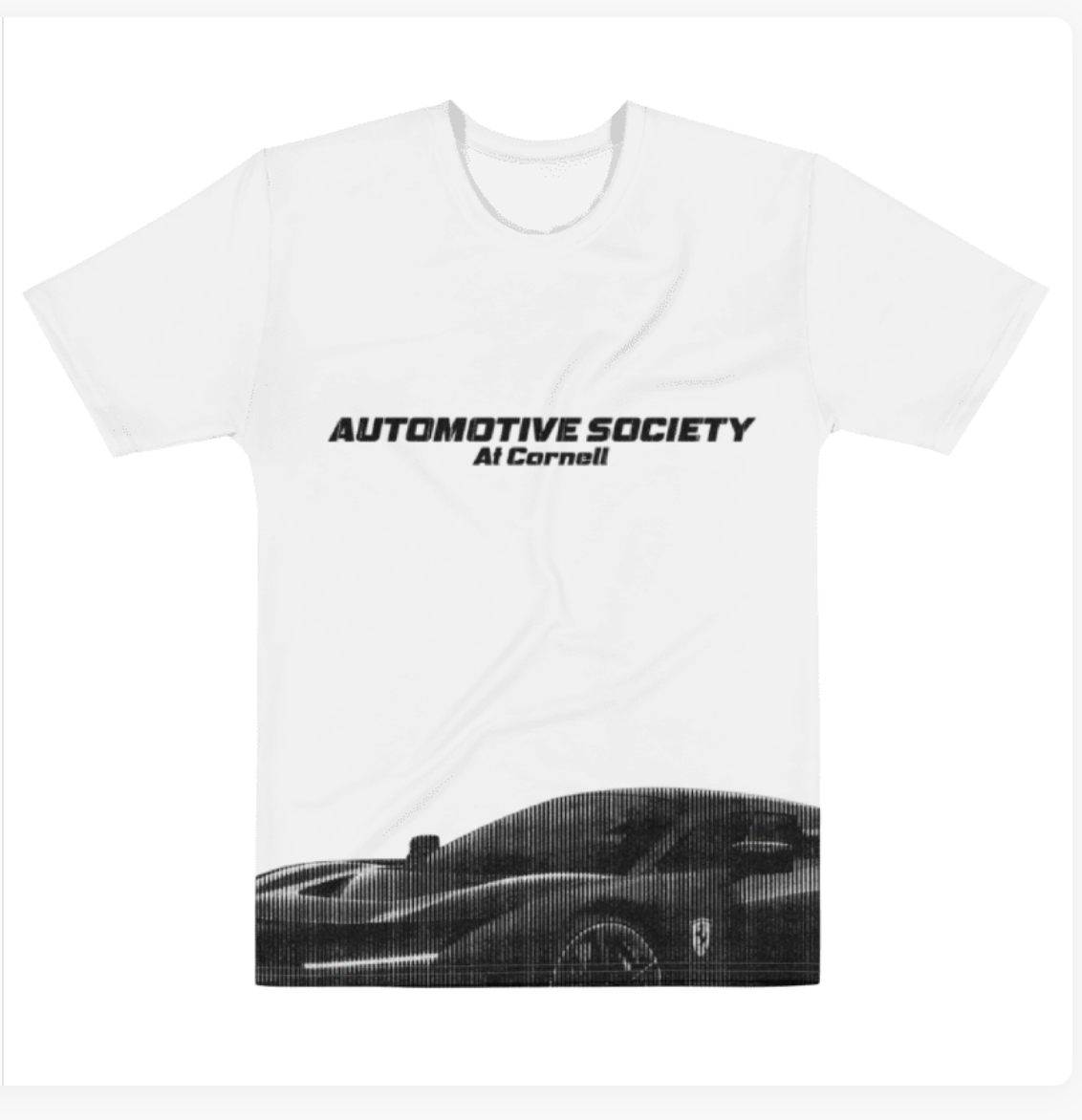 White T-shirt with black text reading 'Automotive Society at Cornell' and a black graphic of a sports car at the bottom.