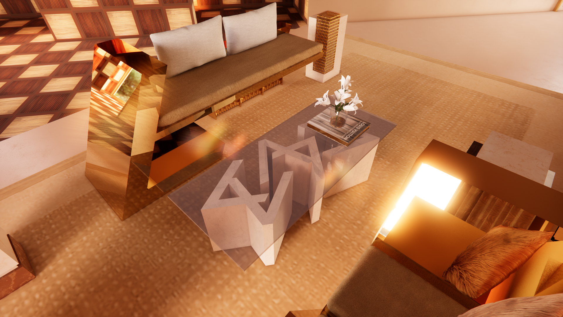 A modern living room with beige carpet, beige sofa with gray cushions, a glass coffee table with white decorative sculptures and a magazine with white lilies in a vase, and a wooden chair with a furry orange pillow.