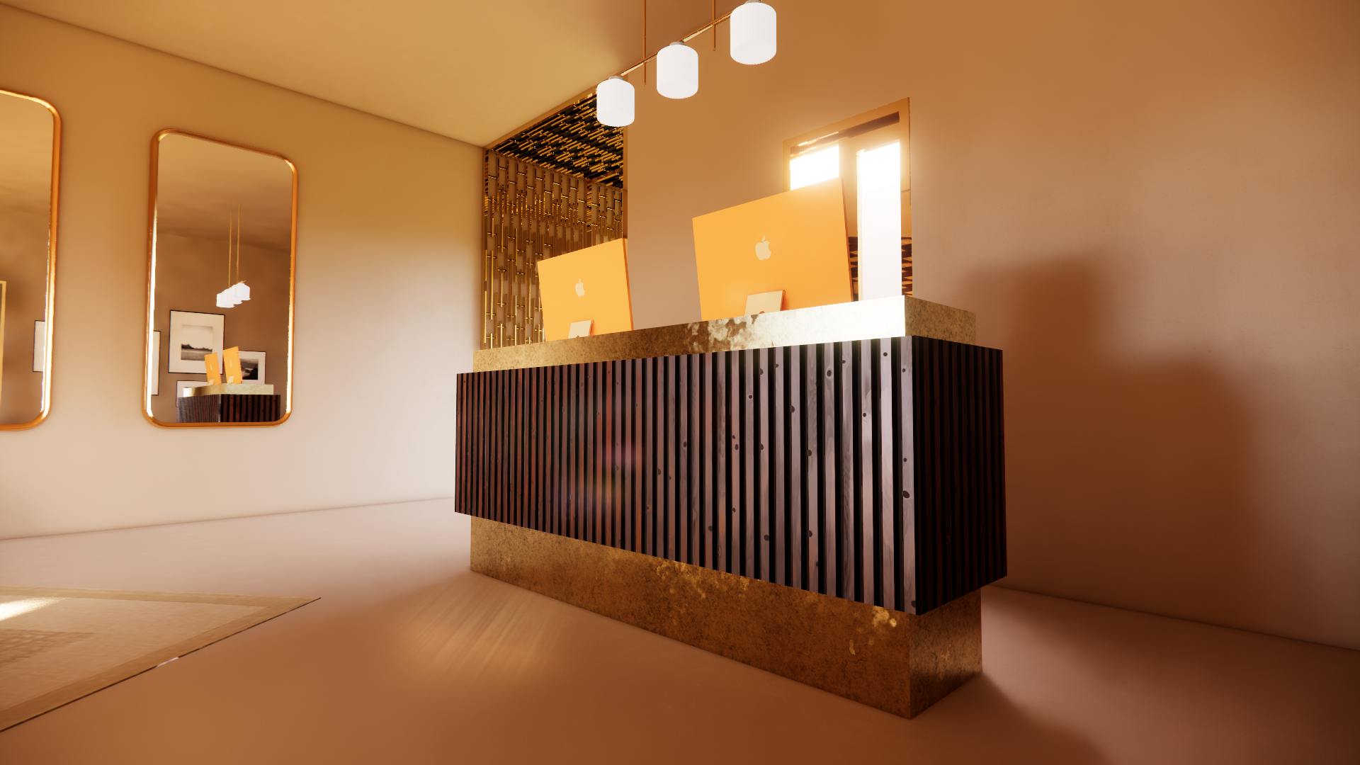 Modern hotel reception desk with two orange computer monitors, a decorative wooden front panel, and a stone top. Behind it, there are gold-colored metal screen dividers and wall mirrors. The area is illuminated with warm lighting from ceiling fixtures, and sunlight is coming through a window on the right.