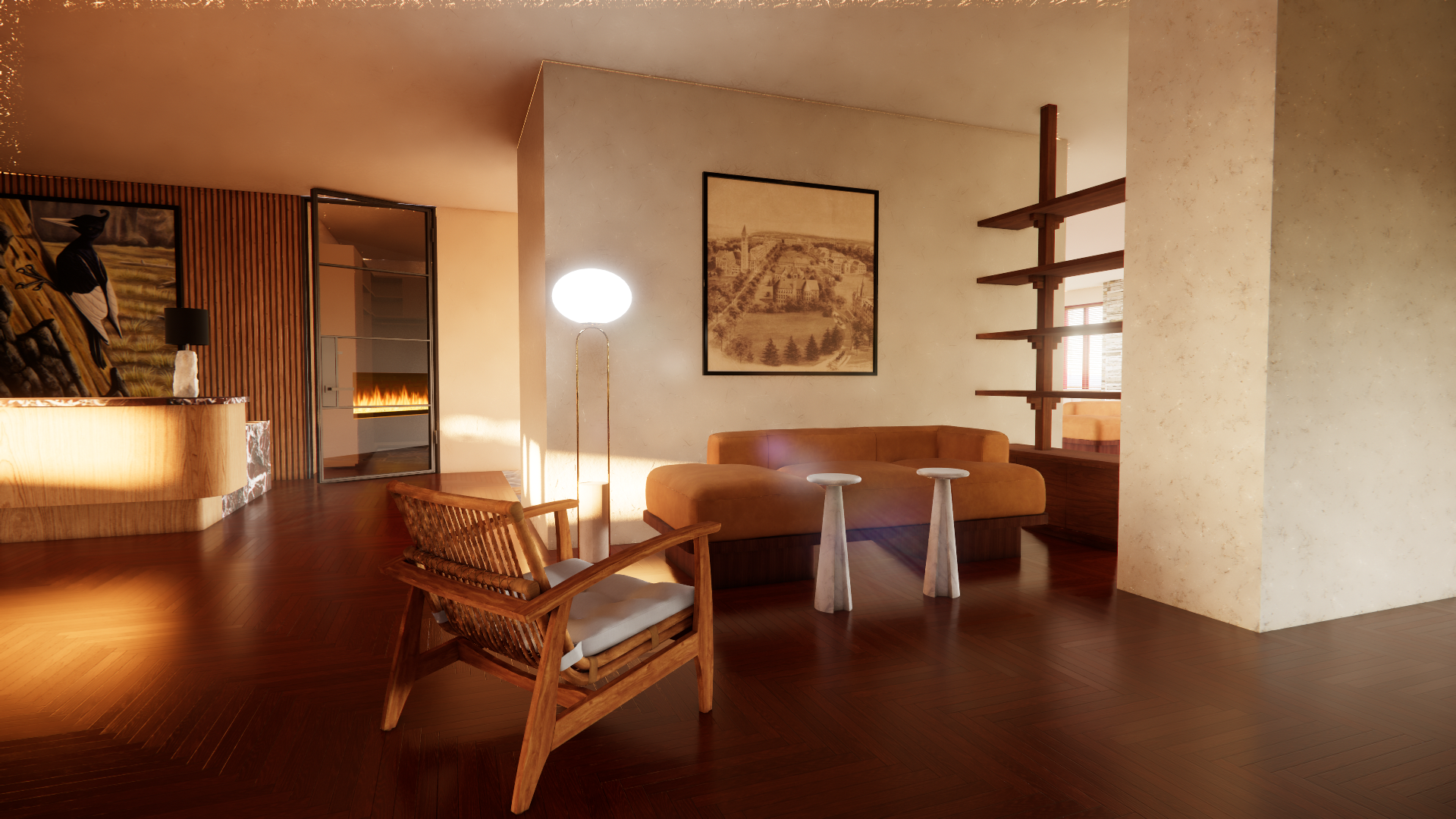 Living room with wooden floors, tan sofa, wooden chair with white cushion, modern floor lamp, framed market map on wall, wooden shelves, and an abstract art piece on the left.