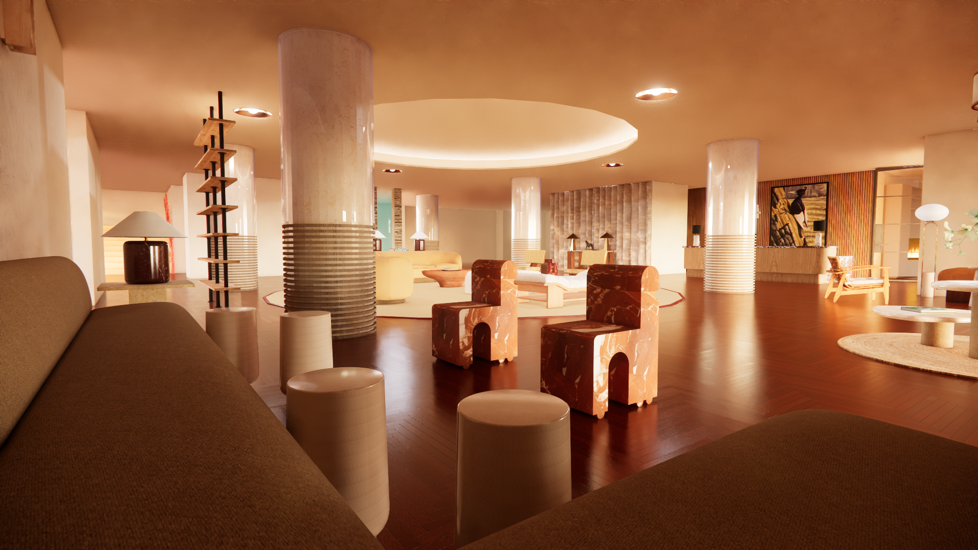 Interior of a modern, well-lit hotel lounge with brown sofas, marble accent chairs, and various tables and lamps, featuring wooden flooring and decorative art.