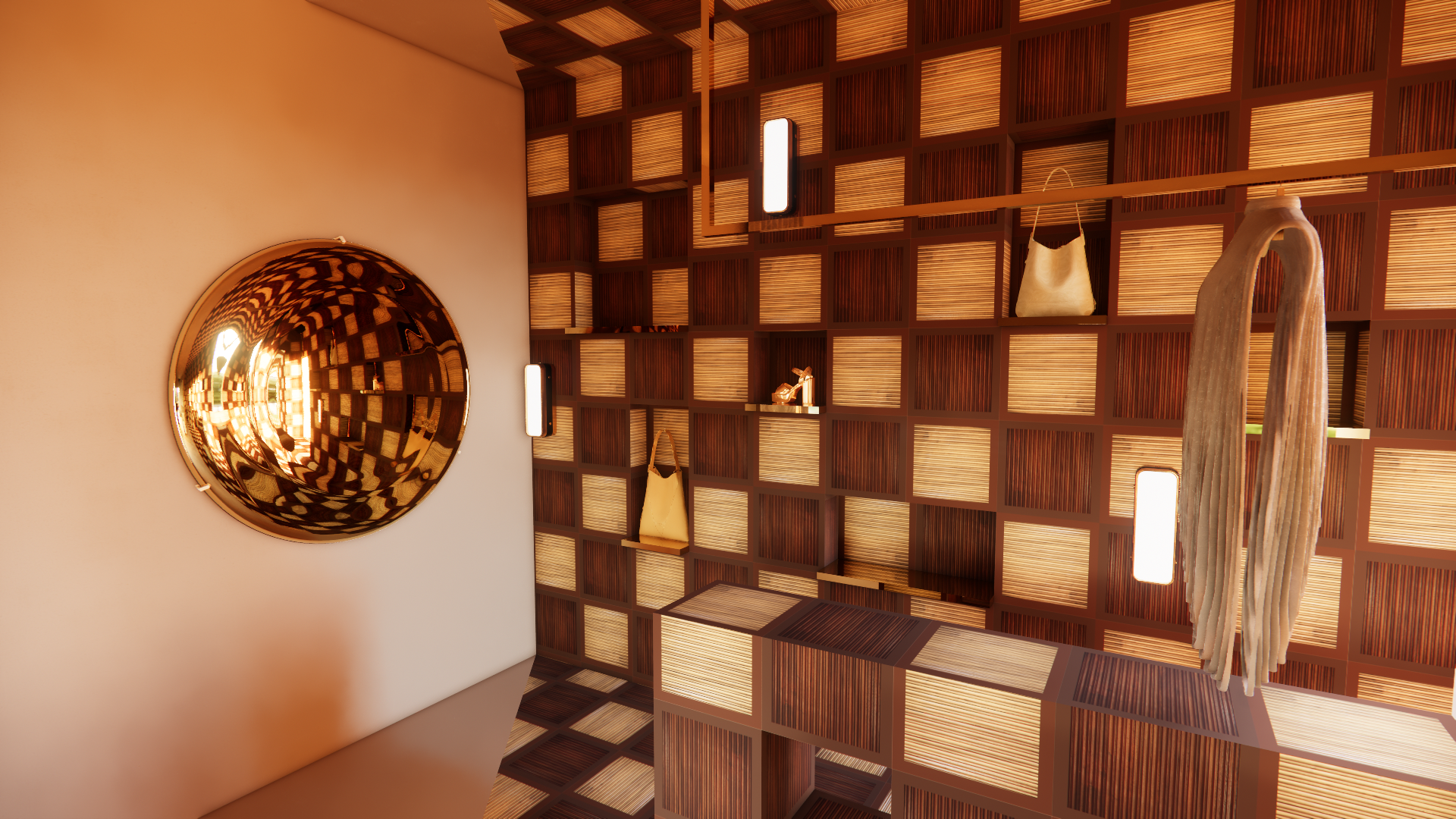 Interior of a modern space with a wooden lattice ceiling, decorative bags, and a reflective gold wall mirror.