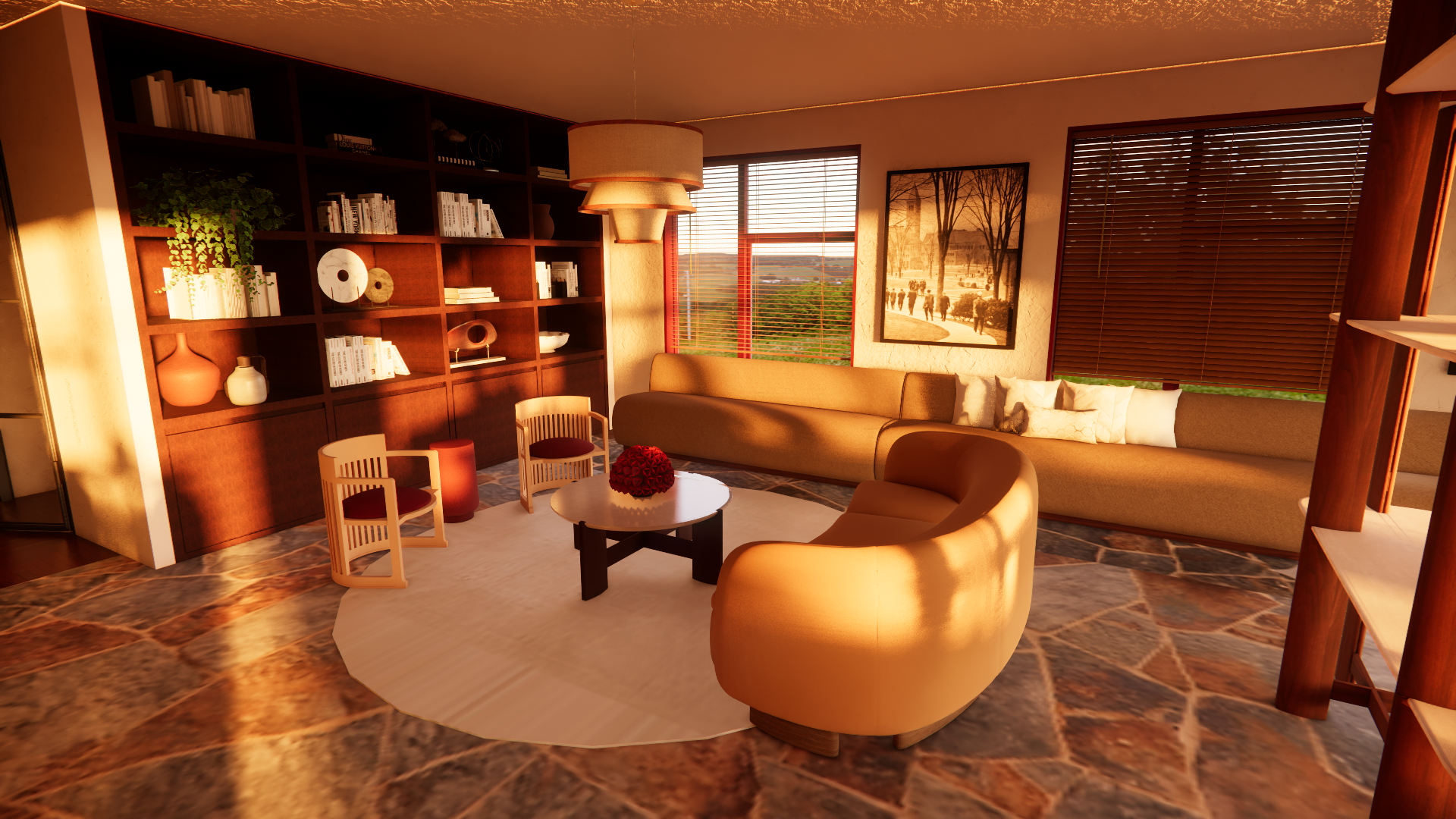 A cozy living room with a large beige sectional sofa, circular armchair, and a small round coffee table with a red decorative ball. There's a dark wooden bookshelf filled with books and decorative items on the left, and two windows with wooden blinds allowing sunlight to fill the room. A large landscape painting hangs on the wall between the windows, and the floor is covered with a patterned stone tile.