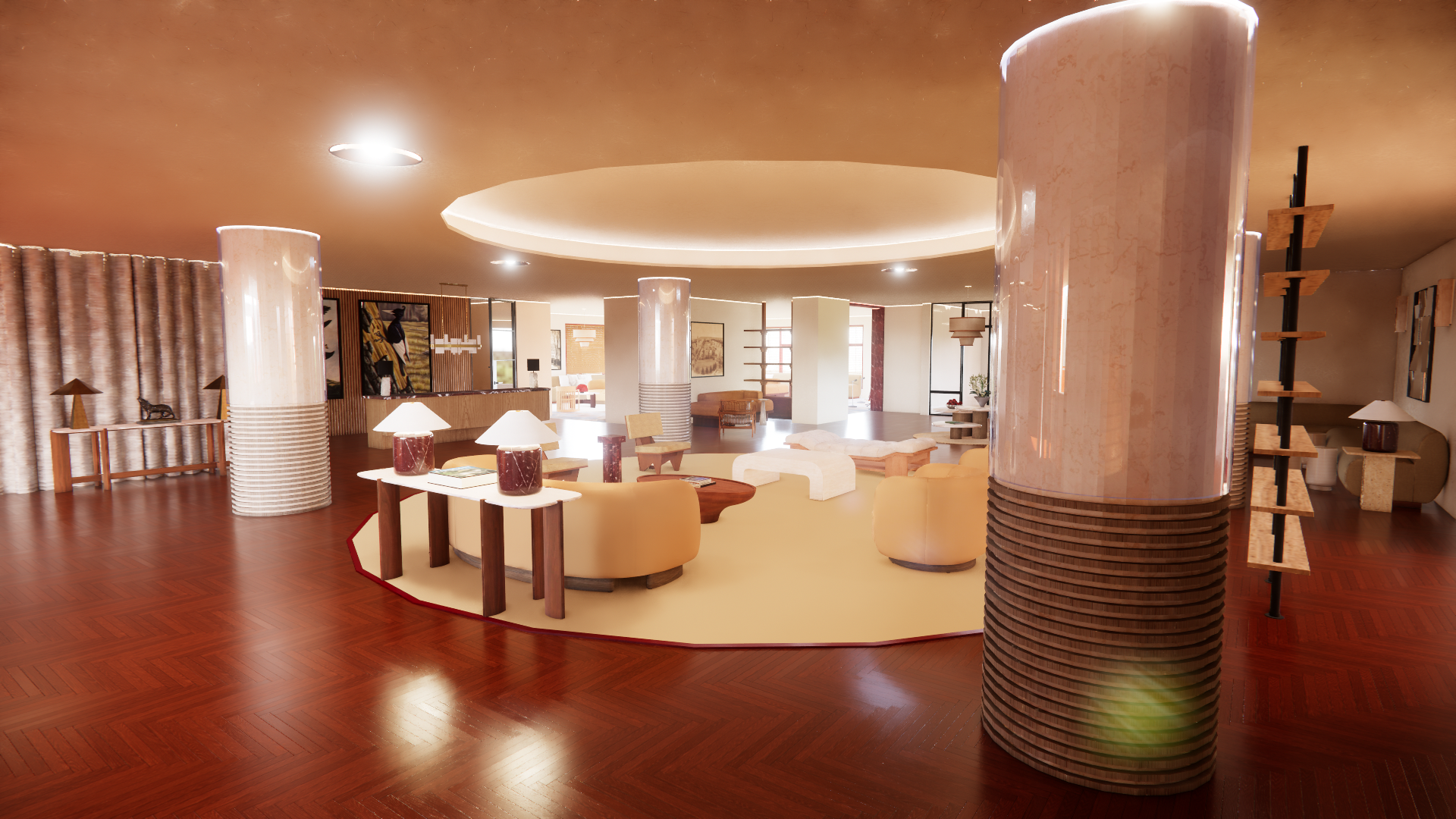 Spacious hotel lobby with curved seating areas, wooden flooring, modern lamps, and decorative columns.