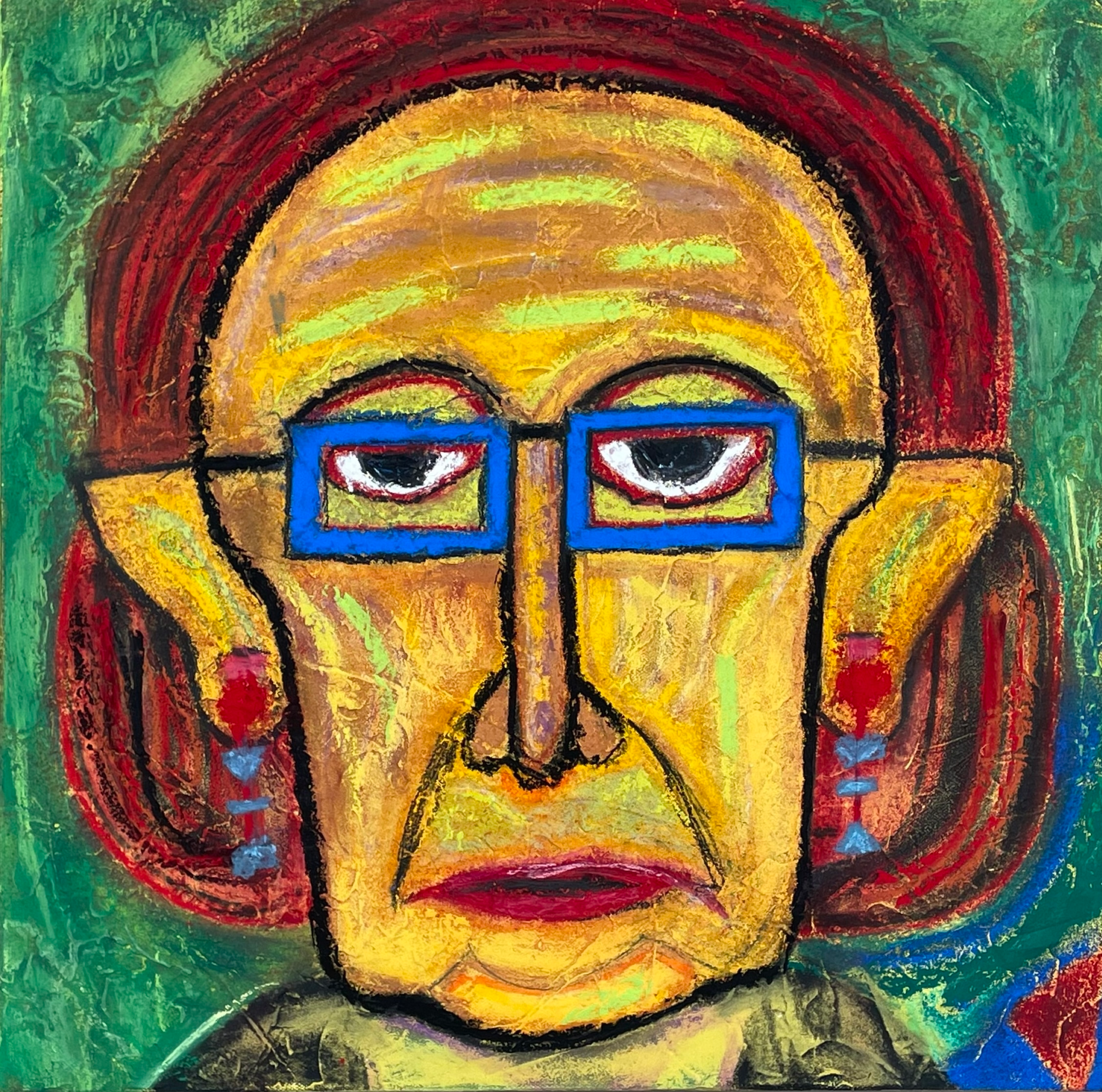 A colorful abstract drawing with concentric circles and rectangular glasses, created with bold black outlines and vibrant hues of red, yellow, green, and blue.