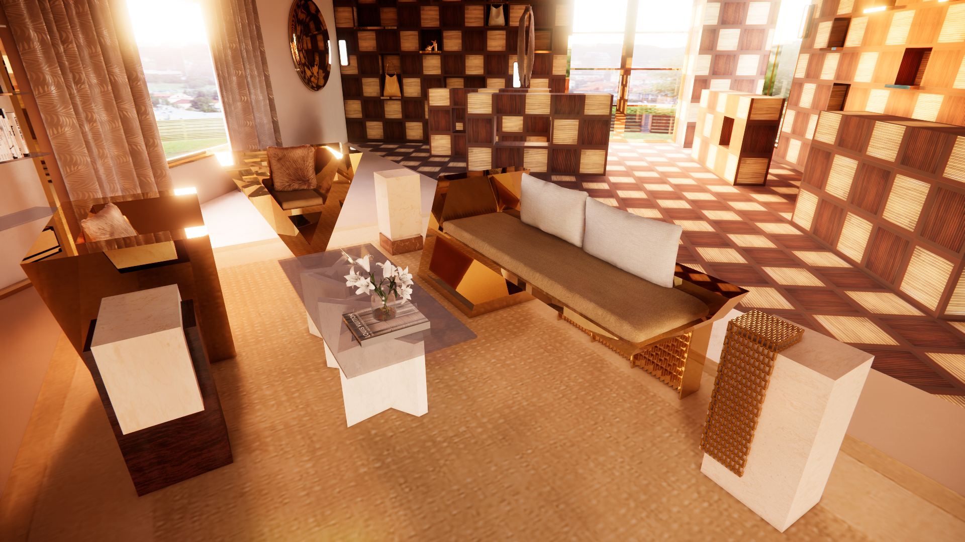 Luxurious modern living room with large windows, beige carpet, light-colored walls, wooden furniture, a sofa with white cushions, armchairs with fur pillows, a glass coffee table with flowers and books, and a decorative wooden room divider.