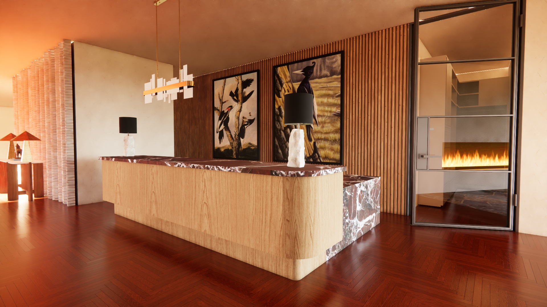 Modern interior space with wooden and marble accents, featuring black shade table lamps, nature-themed artwork of birds, and a glass wall with a fireplace inside.