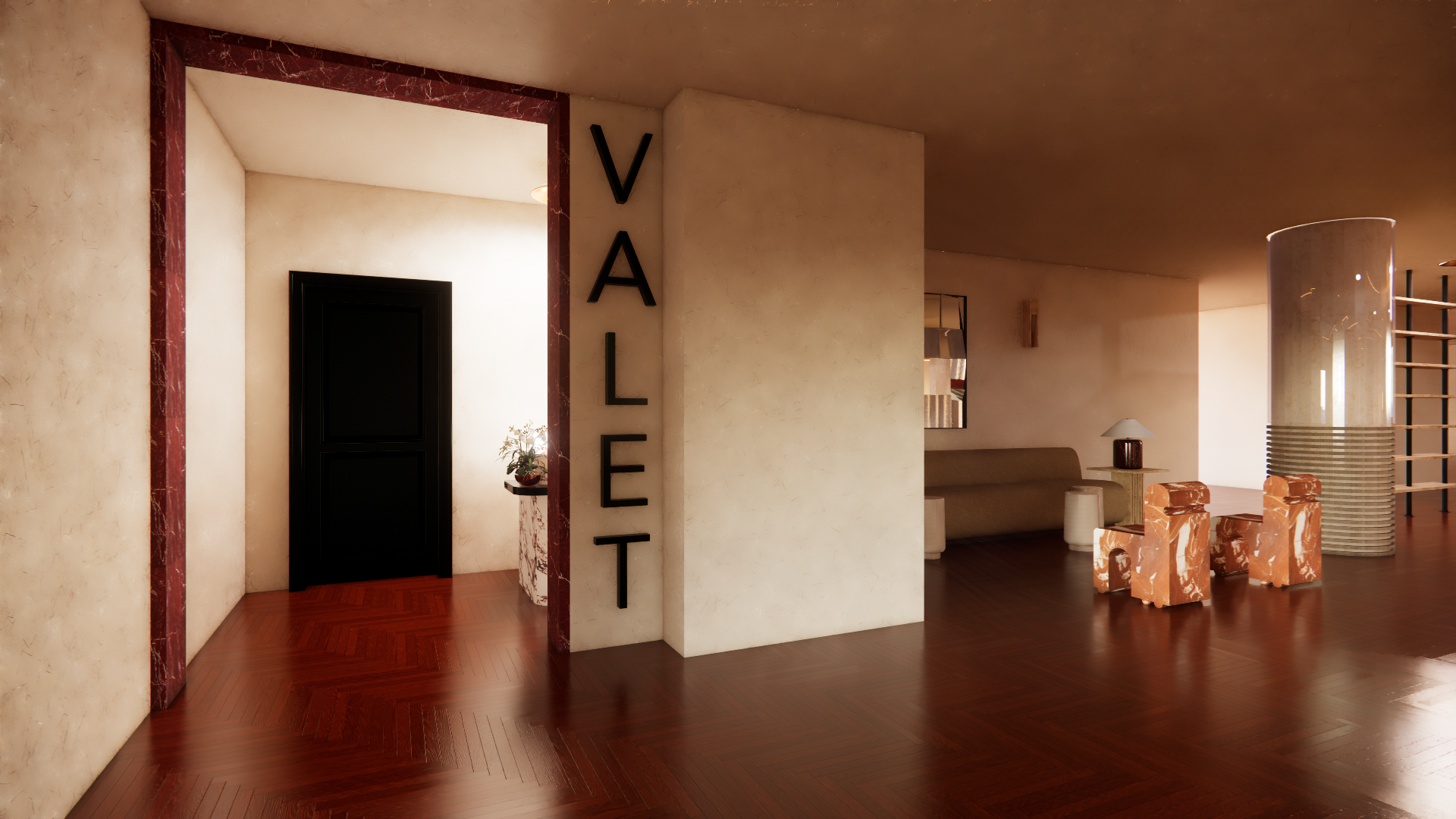 Hotel lobby with a wall featuring vertical black letters spelling 'V I A L E T', a black door, beige walls, wooden flooring, a beige sofa, a table lamp, and marble chairs with illuminated cylindrical structures nearby.