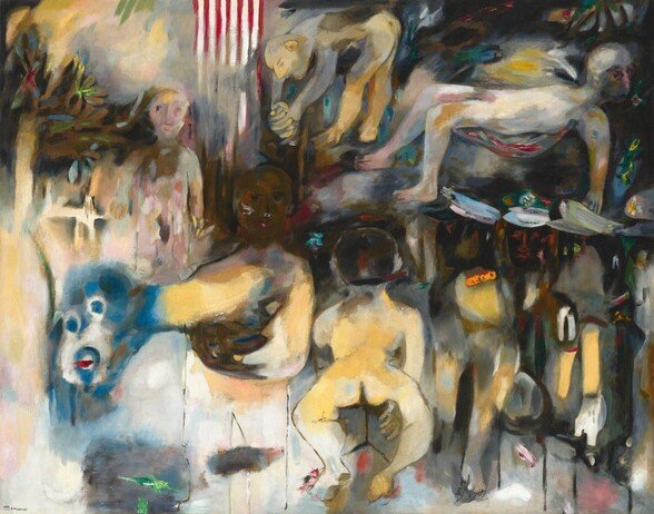 Abstract painting of multiple human and animal figures in a chaotic scene with indistinct forms and blurry details.