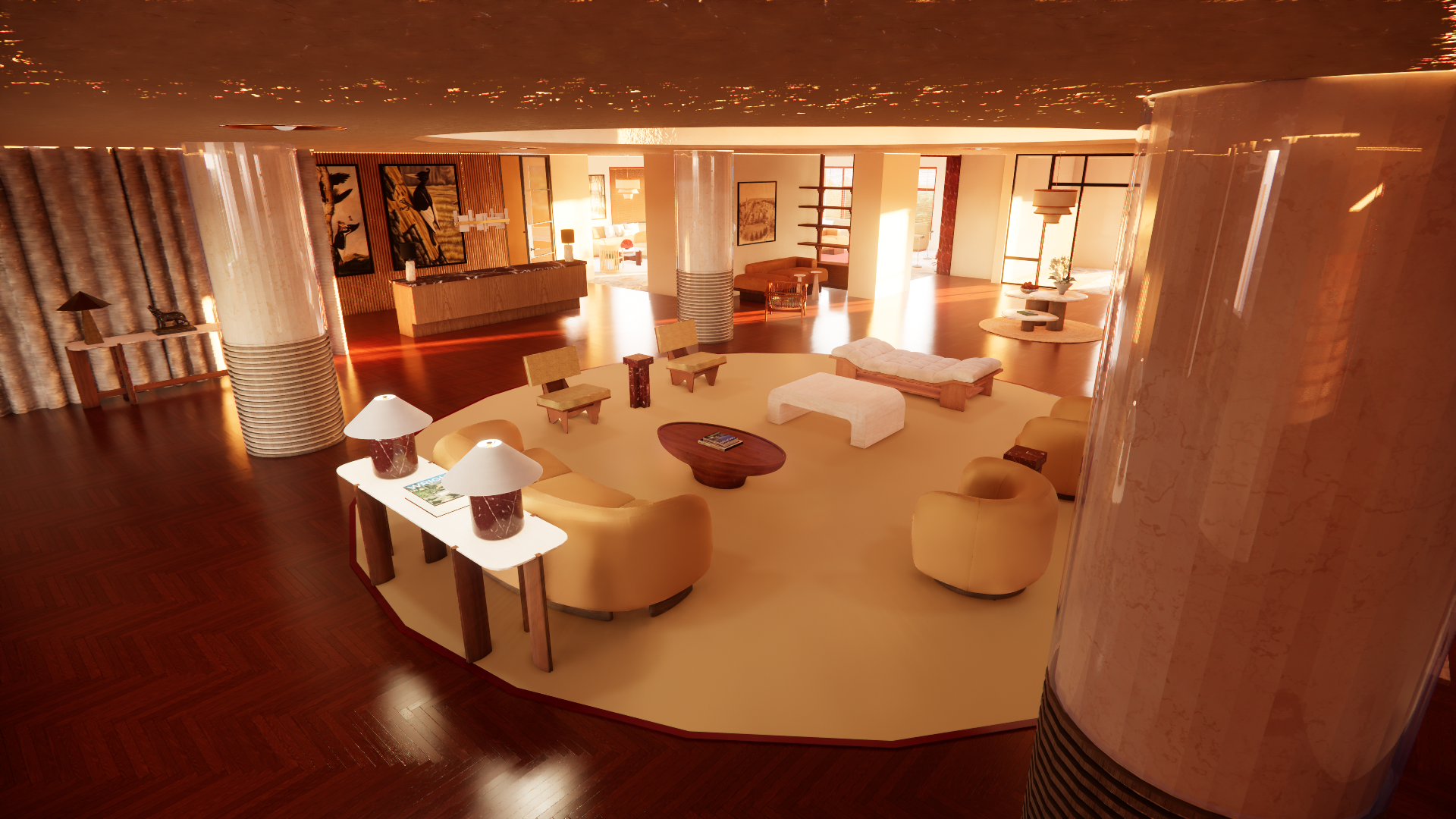 Elegant hotel lobby with a circular seating area, plush beige chairs, a white ottoman, and a wooden coffee table. The space has warm lighting, wooden floors, and modern artwork on the walls. There are side tables with lamps and decorative items.