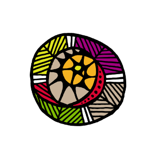 Ilustração colorida de um caracol estilizado com padrões geométricos em tons de amarelo, roxo, verde e bege, sobre um fundo preto.