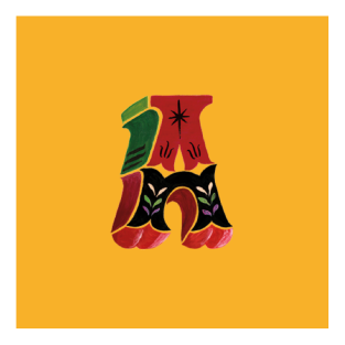 Letra maiúscula "A" estilizada em cores vibrantes em fundo amarelo.