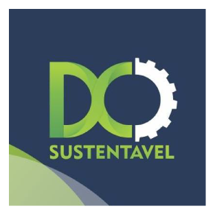 Logotipo com as letras "DO" e a palavra "SUSTENTÁVEL" em fundo azul. "DO" está em verde com uma engrenagem branca substituindo a letra "O".