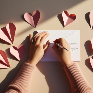 A person writes on a white card with a pen, surrounded by pink and red paper hearts on a beige surface.
