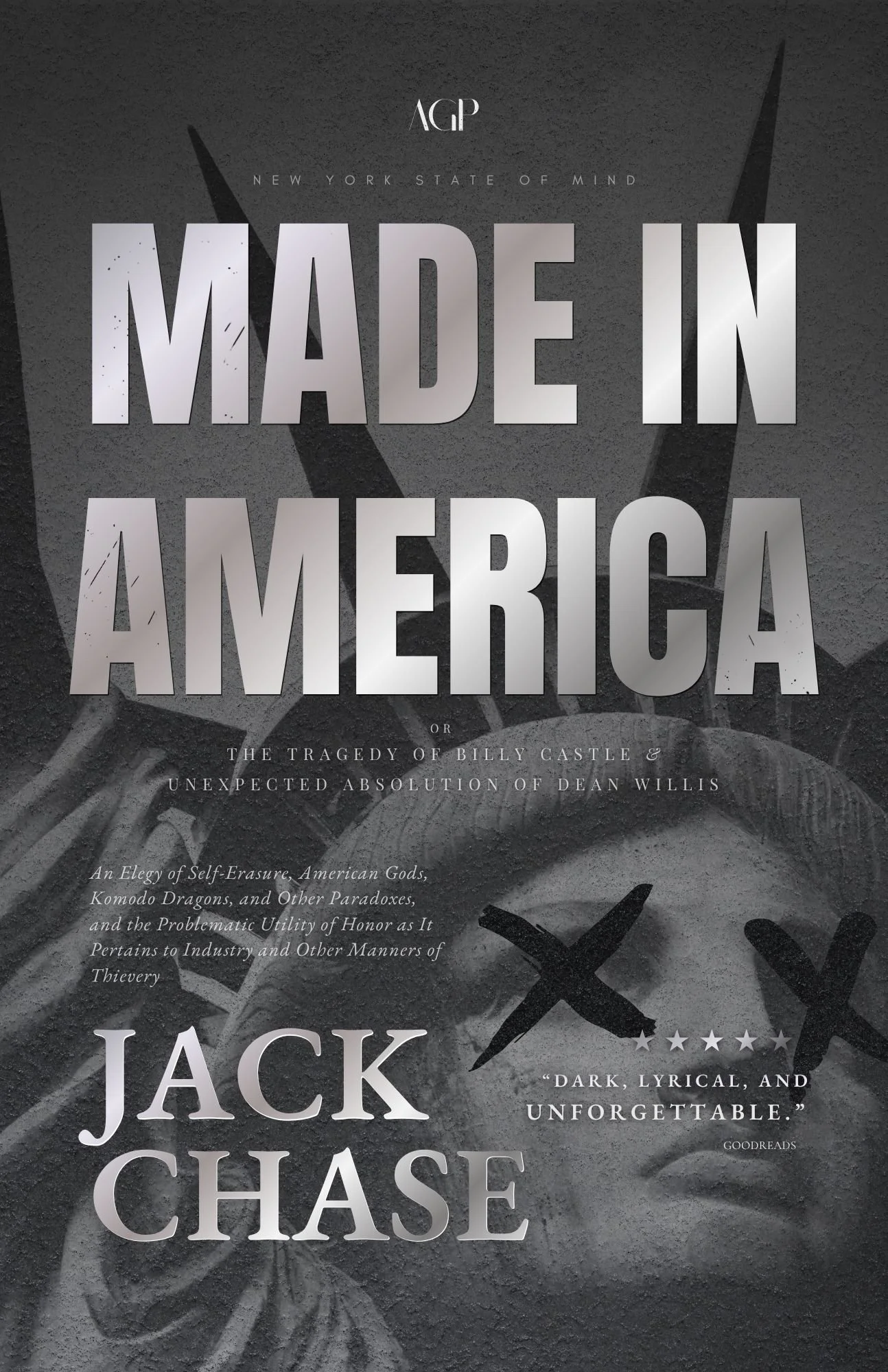Book cover titled 'Made in America' by Jack Chase, with subtitle and additional text, set against a cinematic close-up shot of the Statue of Liberty with crossed-out eyes and an overall cash-like texture