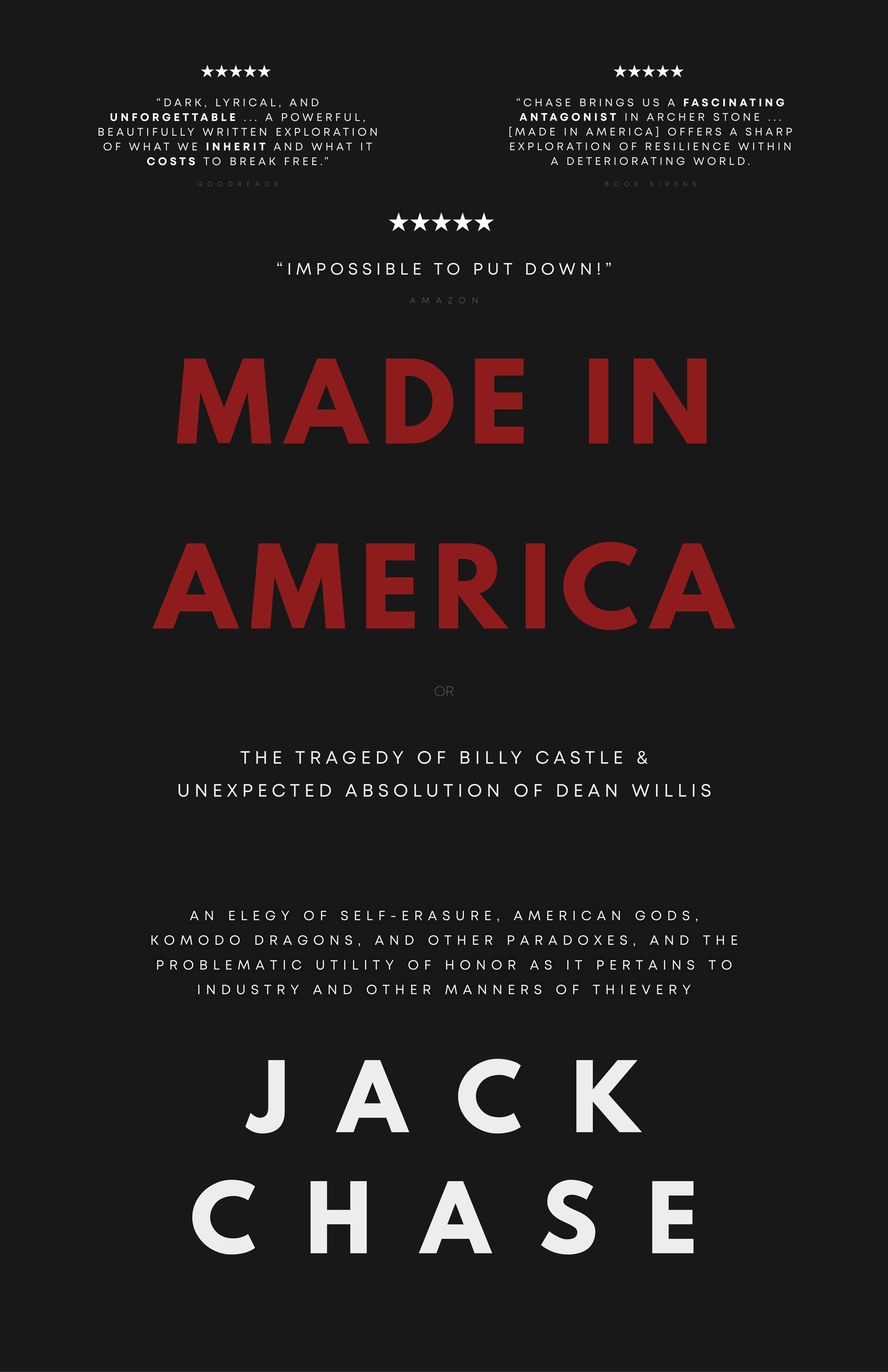 Book cover titled 'Made in America' by Jack Chase, with subtitle and additional text, set against a black obsidian background.