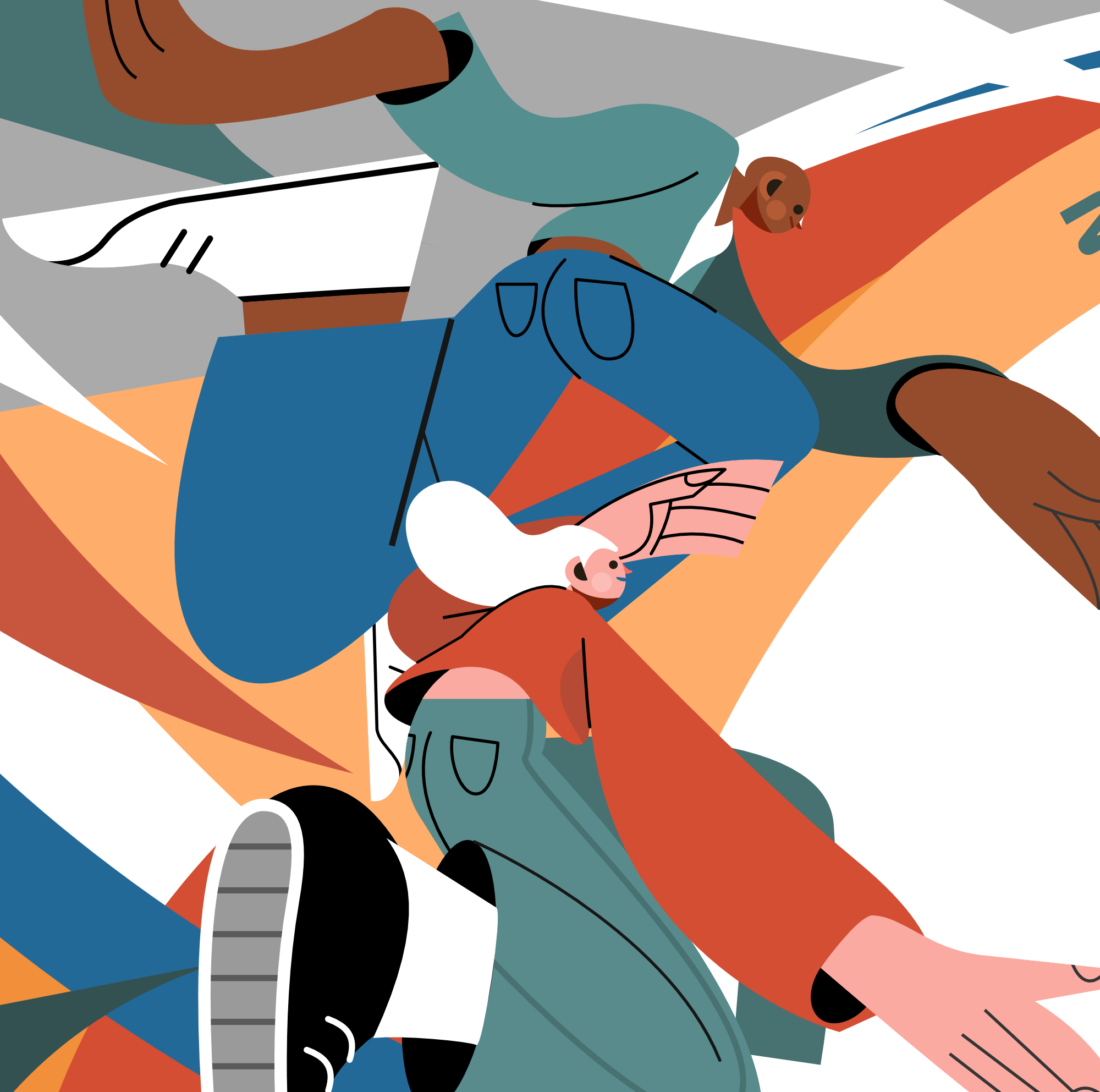 Stylized illustration of four people jumping in the air. One has white hair and a headset, another is wearing jeans and has a beard, a third is wearing an orange jacket and has black hair, and a fourth is stepping forward with sneakers visible.