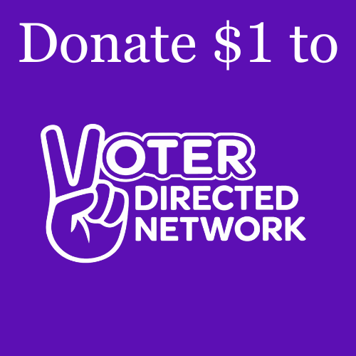 Purple background poster encouraging donations of $1 to Voter Directed Network, featuring a white hand making a peace sign with the word "Voter" integrated into the design.