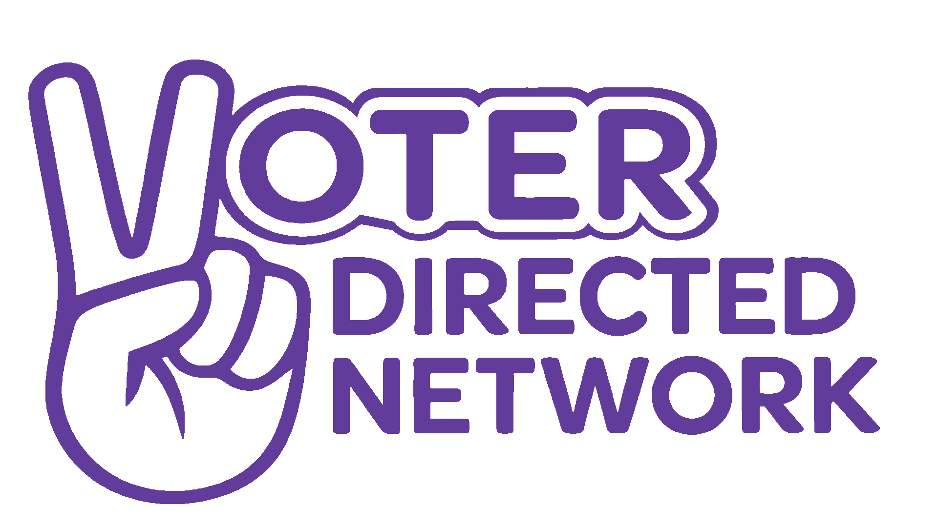 Purple outlined hand making a peace sign with words 'Voter Directed Network' surrounding it.