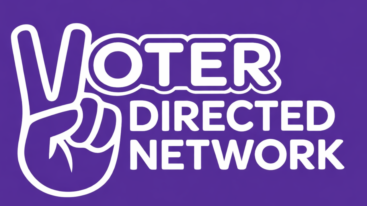 Graphic with a purple background and white text reading "Voter Directed Network," with an illustration of a hand pointing at the word "Voter."