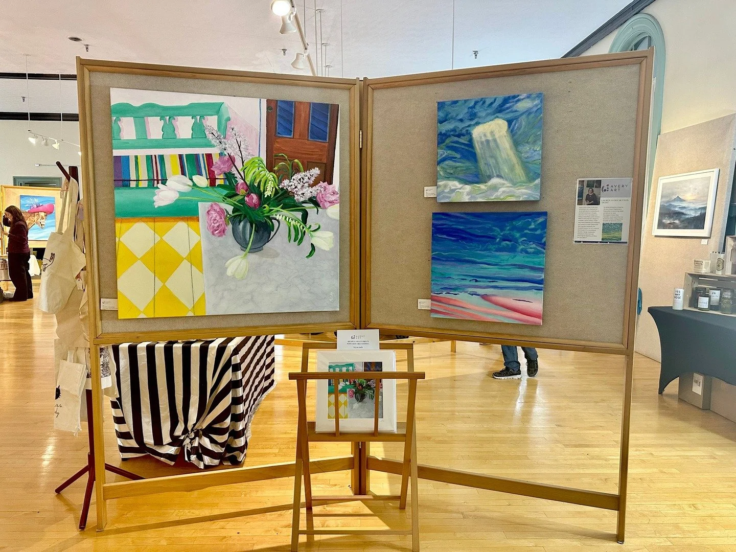 DECK THE WALLS is officially underway. Come find the perfect piece to brighten your space now through Saturday December 20 at the Exeter Town Hall Gallery on the second floor. My little corner features two full walls of art right across from the elev