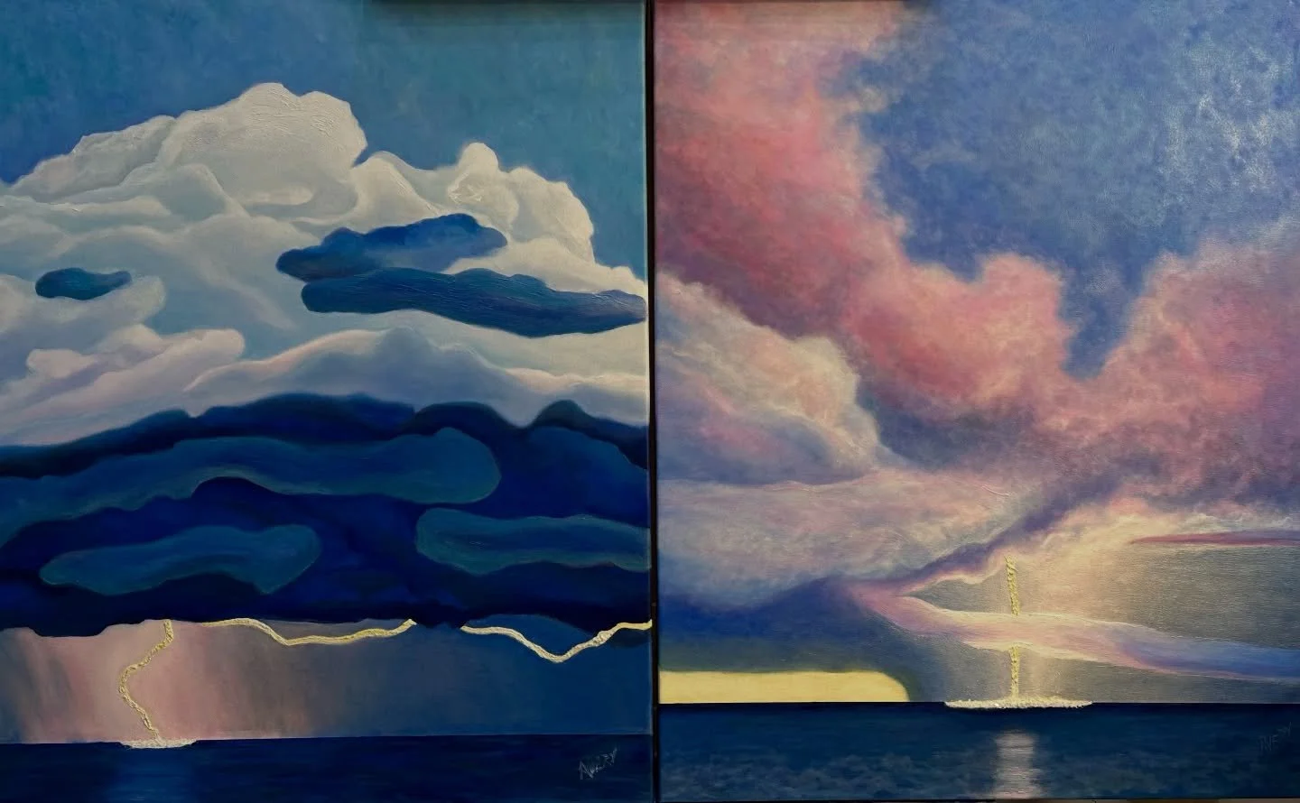 Yeah OK - I finished my (third) lightning painting after posting the second one earlier today. A client of mine has first choice&hellip; which one would You choose!?? Naming in process, Both 30&rdquo;H x 25&rdquo;W x 1.5&rdquo;D, oil w/ diamond dust,