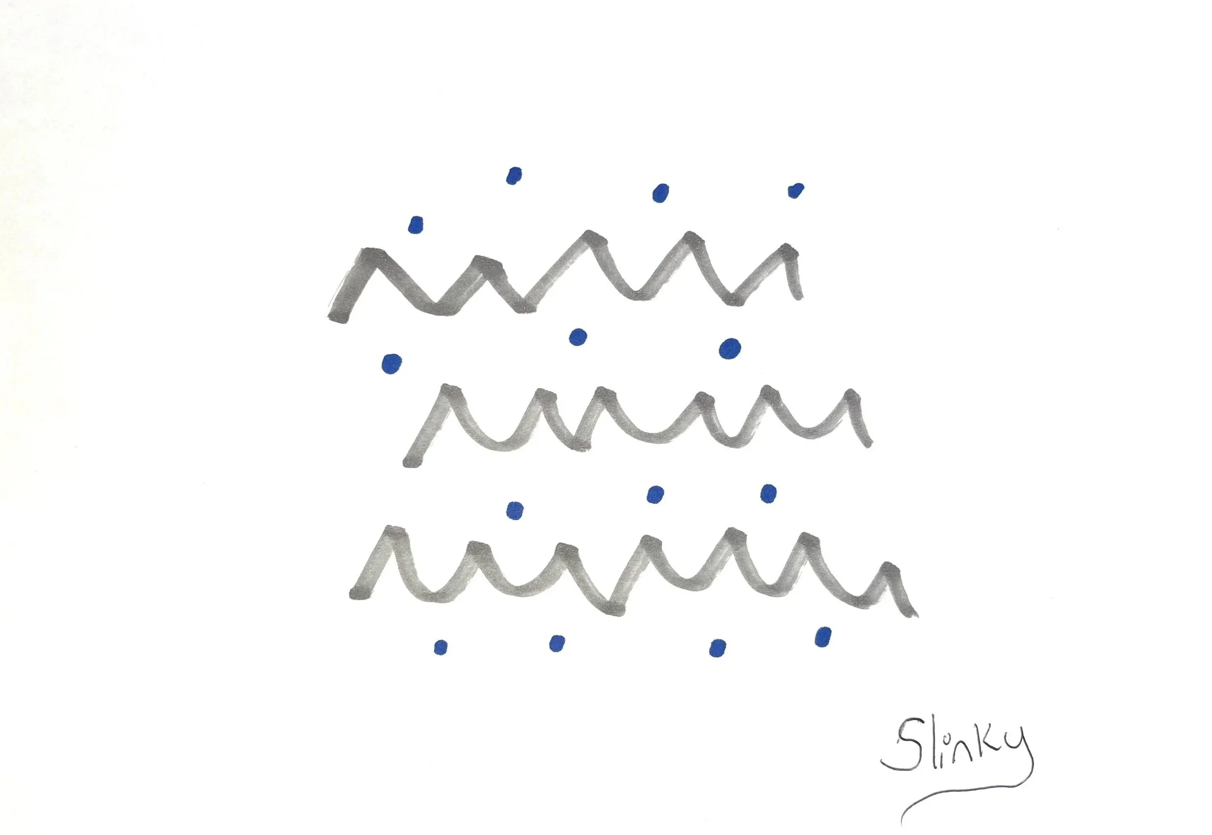 Drawing of three gray zigzag lines with blue dots scattered around and below, and the word Slinky in the bottom right corner.