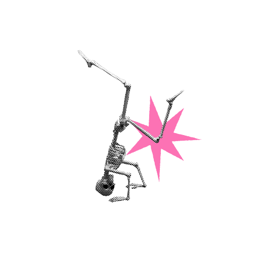 Monochrome skeleton doing a handstand with a pink star on knee