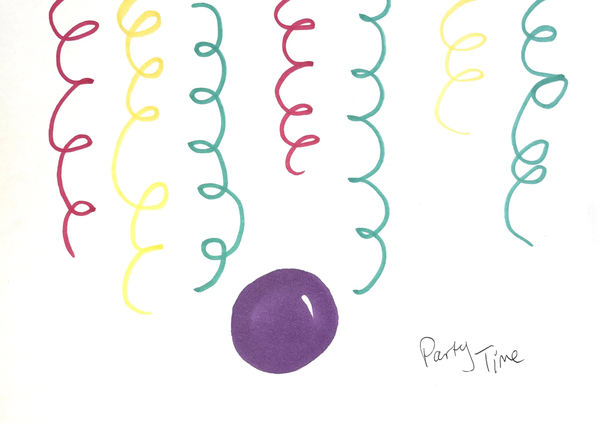 Colorful curly streamers in red, yellow, and blue hang above a purple balloon, with handwritten text 'Party Time' in the bottom right corner.