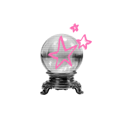 Monochrome crystal ball with 3 pink outlined stars framing it