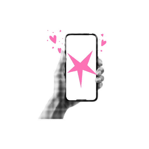 Monochrome hand holding a smart phone with pink star on the screen and small hearts floating above