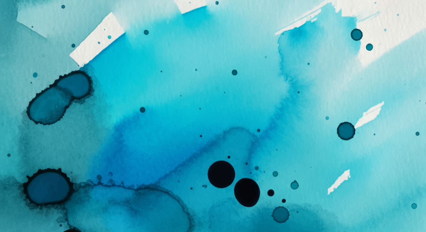 Abstract watercolor background with various blue and black ink splatters and drips.