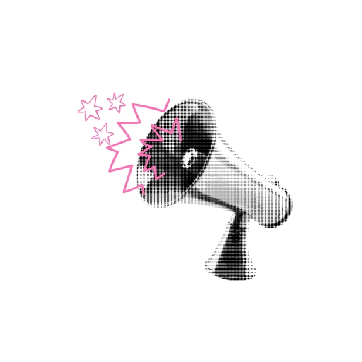 Monochrome megaphone with pink zig zags coming out of end
