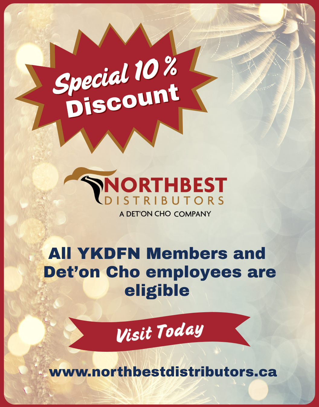 Promotional flyer for Northbest Distributors announcing a 10% discount for YKDFN Members and Det'on Cho employees, encouraging visits to their website.
