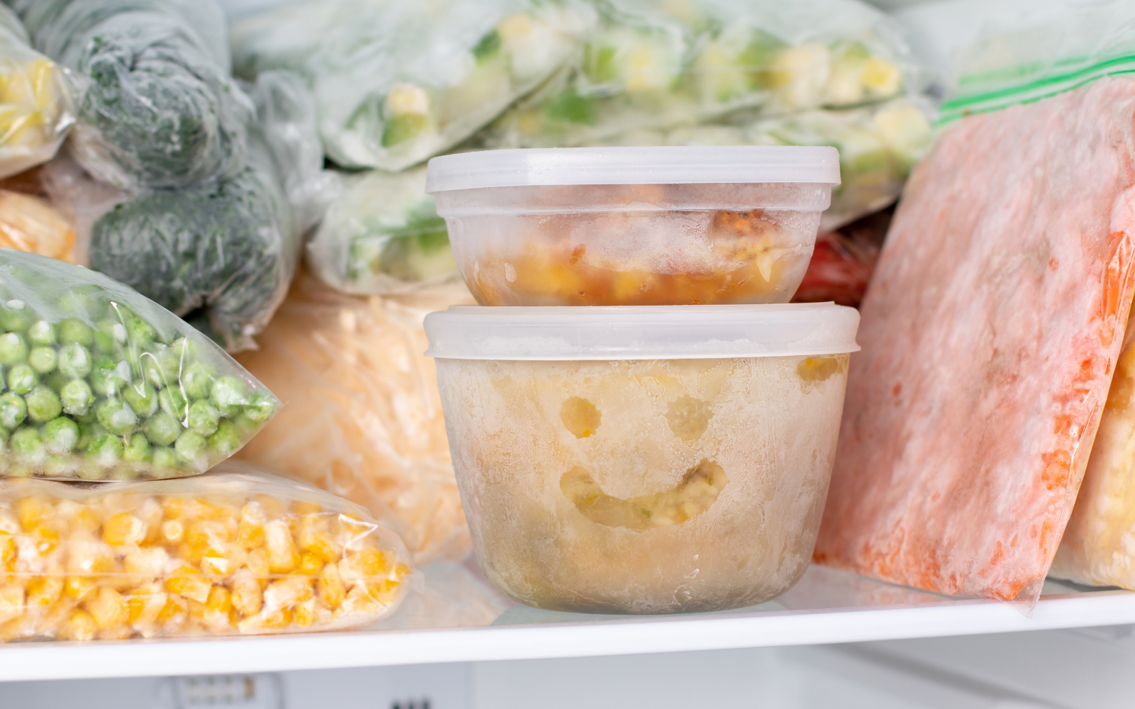 Frozen vegetables and food in plastic containers and bags inside a freezer.
