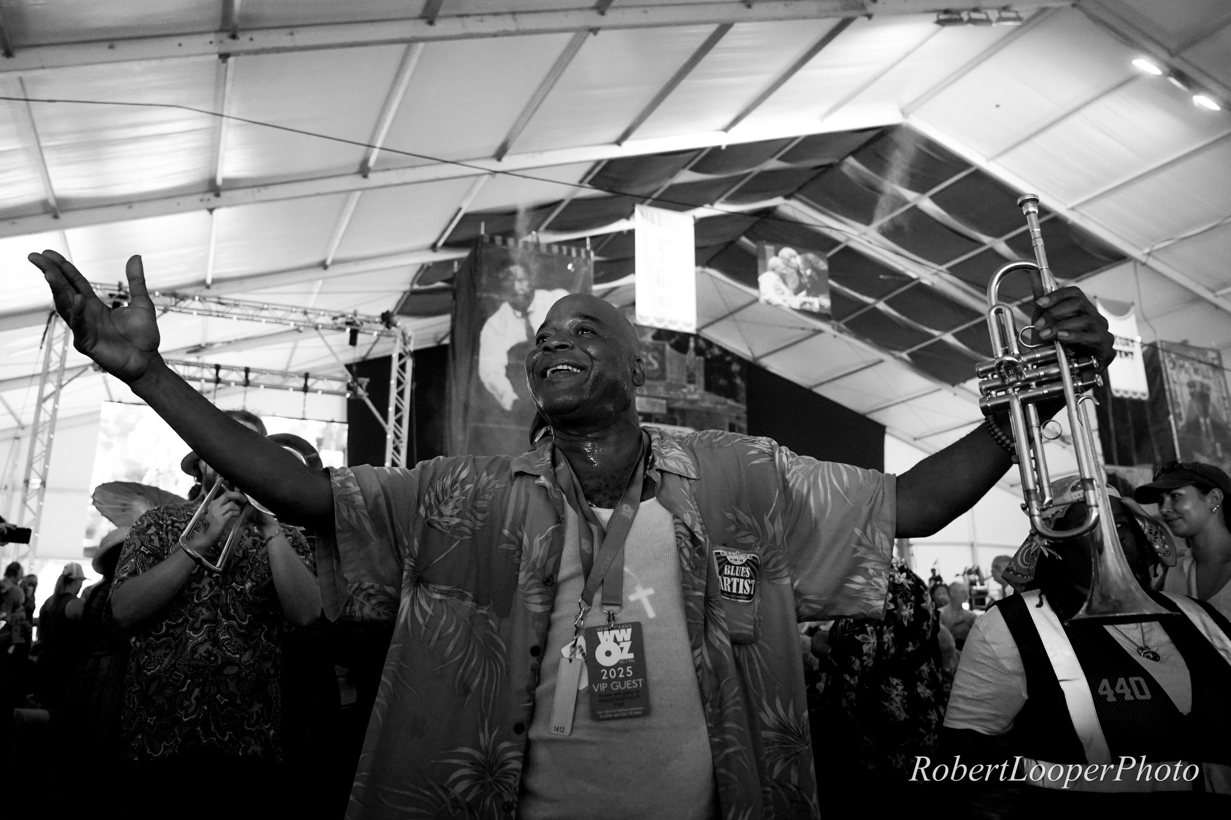 Jazz trumpeter James Andrews addresses fans while performing in the Blues Tent during the New Orleans Jazz & Heritage Festival in New Orleans NA, April 26, 2025