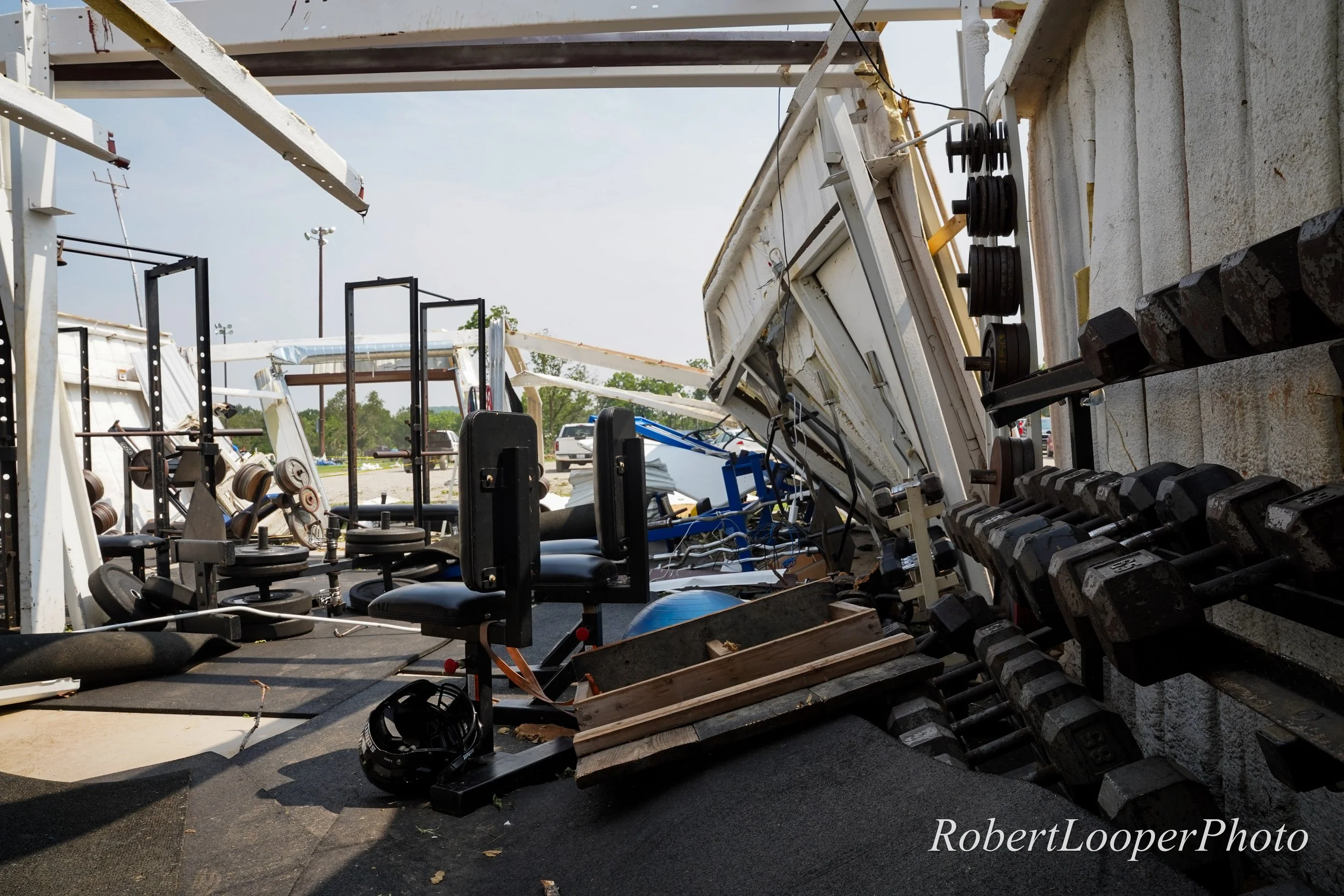 The Gordon High School weight room leans in on itself after the roof was ripped off by an EF-1 tornado the previous night, May 19, 2025.