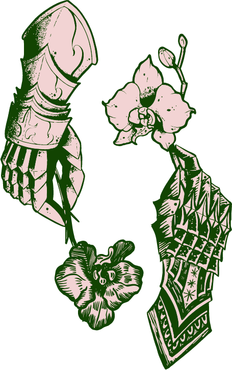 A graphic illustration of a mechanical arm holding a hanging cord with a flower and a twisted object hanging from it.