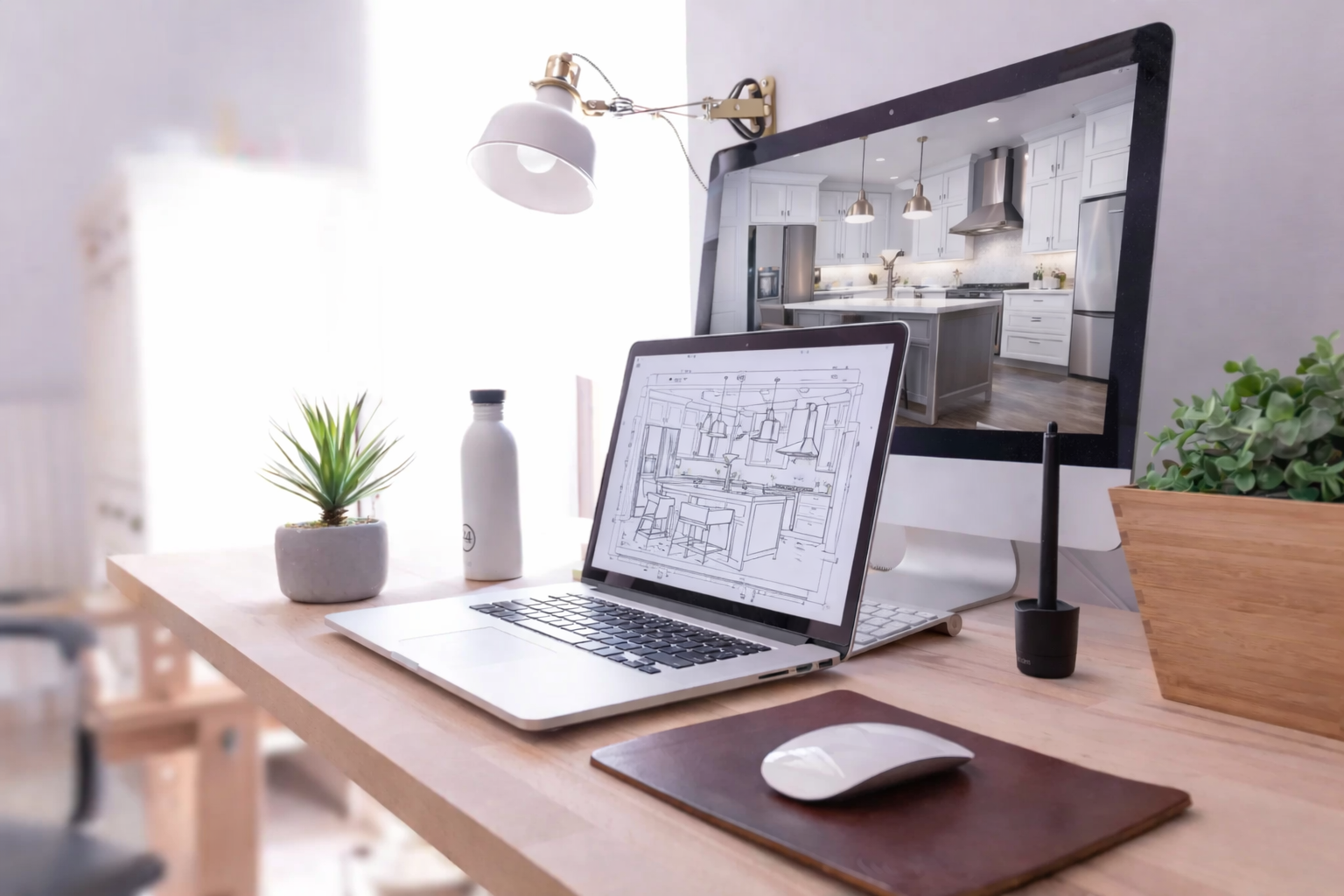 Home office setup with a wooden desk, laptop displaying a kitchen design, monitor showing a modern kitchen, potted plant, water bottle, mouse on a leather pad, and a desk lamp.