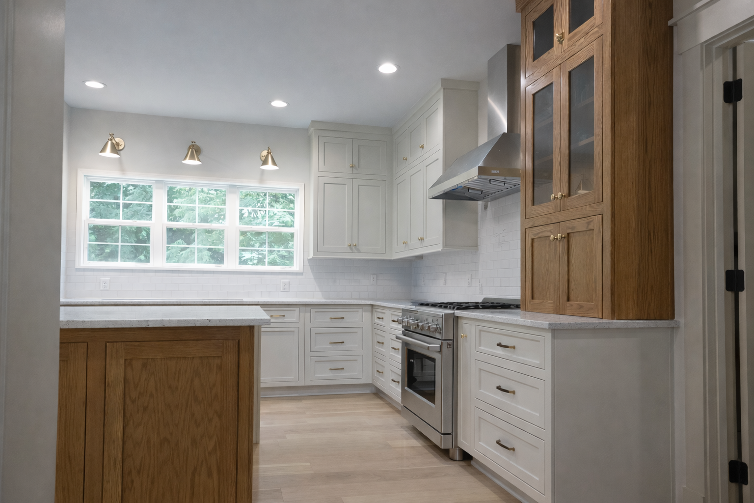 Mix of stained cabinetry with solid color.