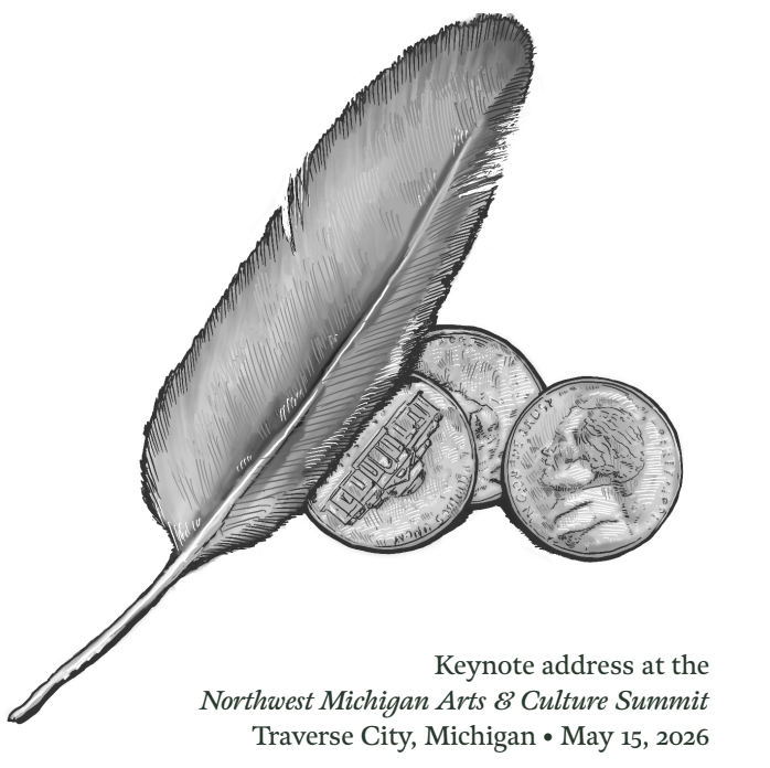 A greyscale graphic of three nickles and a feather.