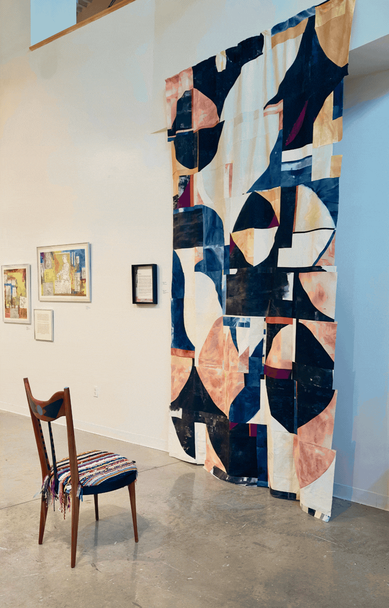 A series of photos of Dawn Leach's paint, textile, and community weaving artwork.