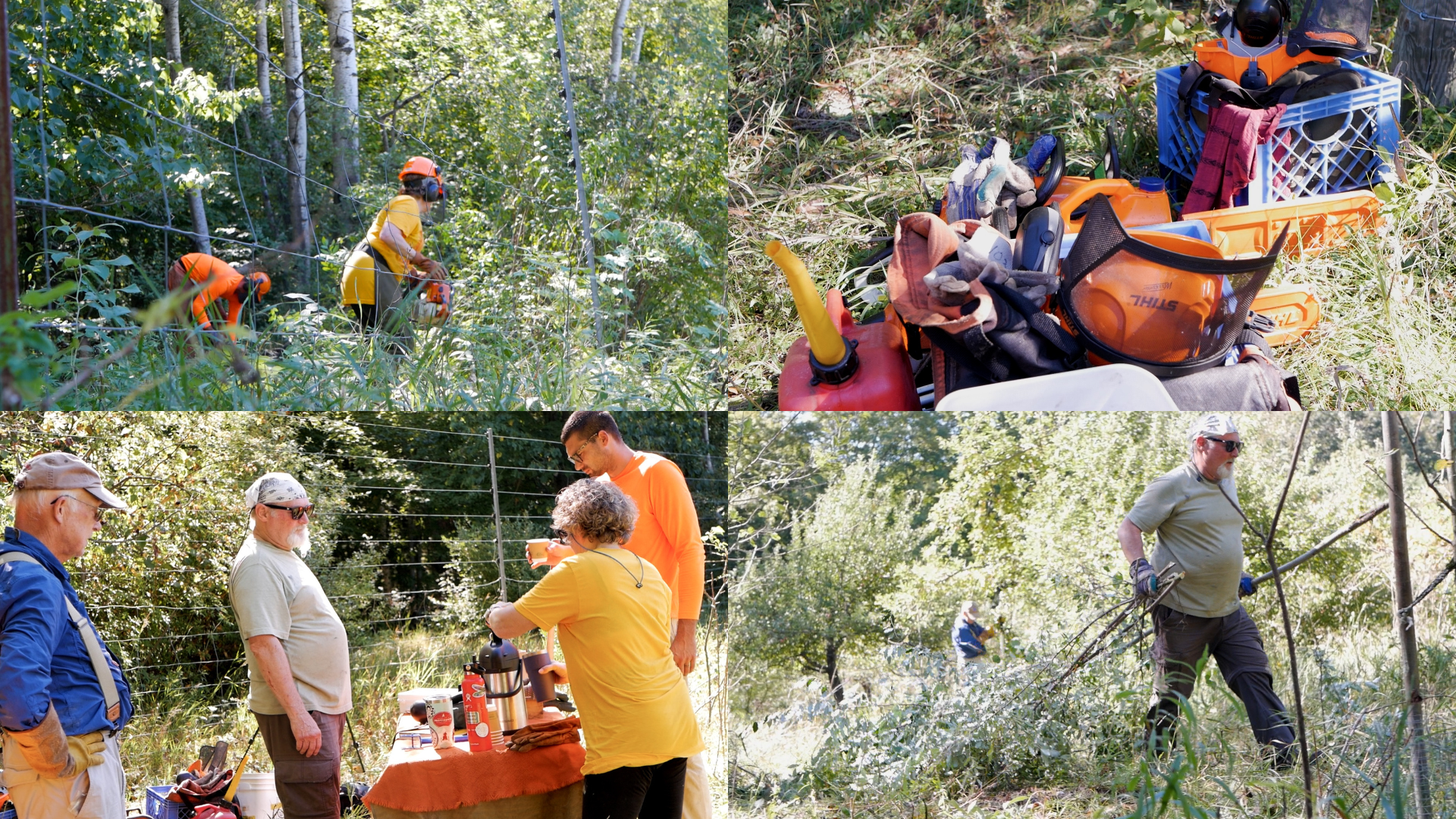 A collage of four photos from an orchard workday.