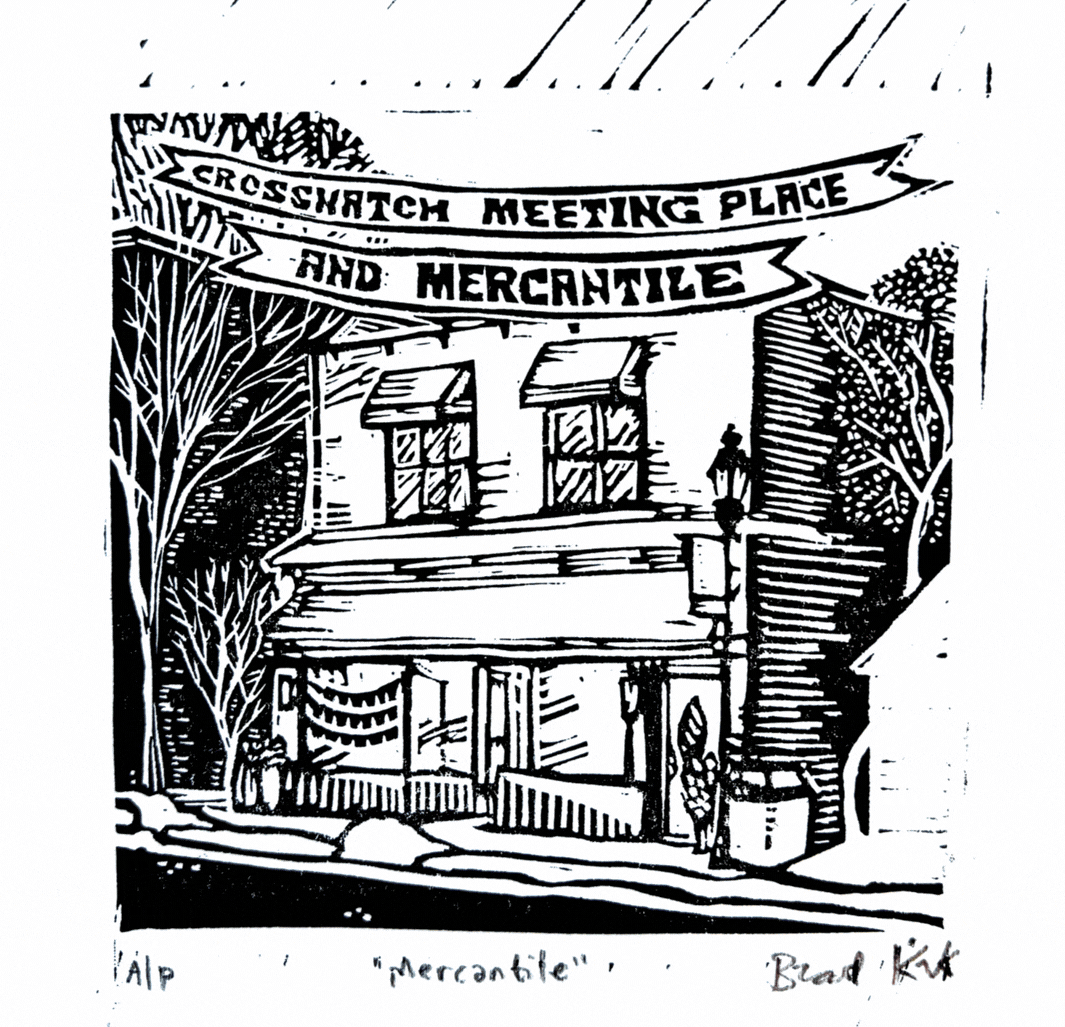 Photos of a linocut from Brad Kik, his carving process, and the building that inspired it.