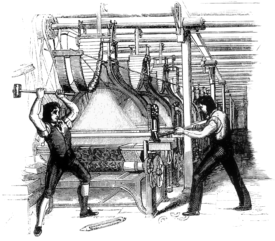 Luddites smashing a weaving machine.