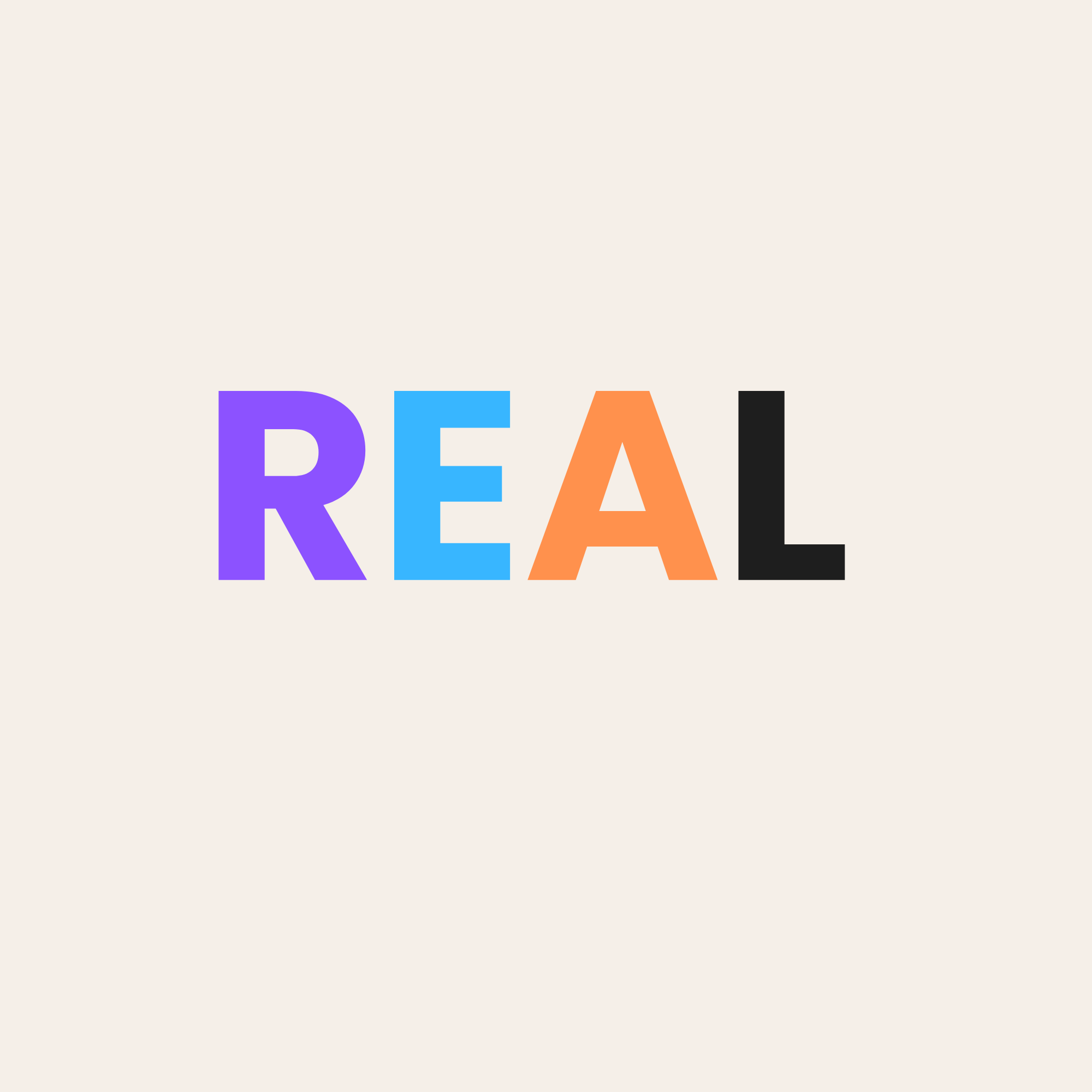 A cream box with 'REAL' written in large multicoloured text