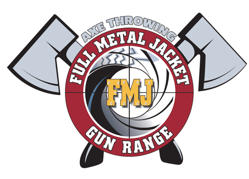 Logo for Full Metal JACKET Gun Range with a crossed axe and a target and bullet holes