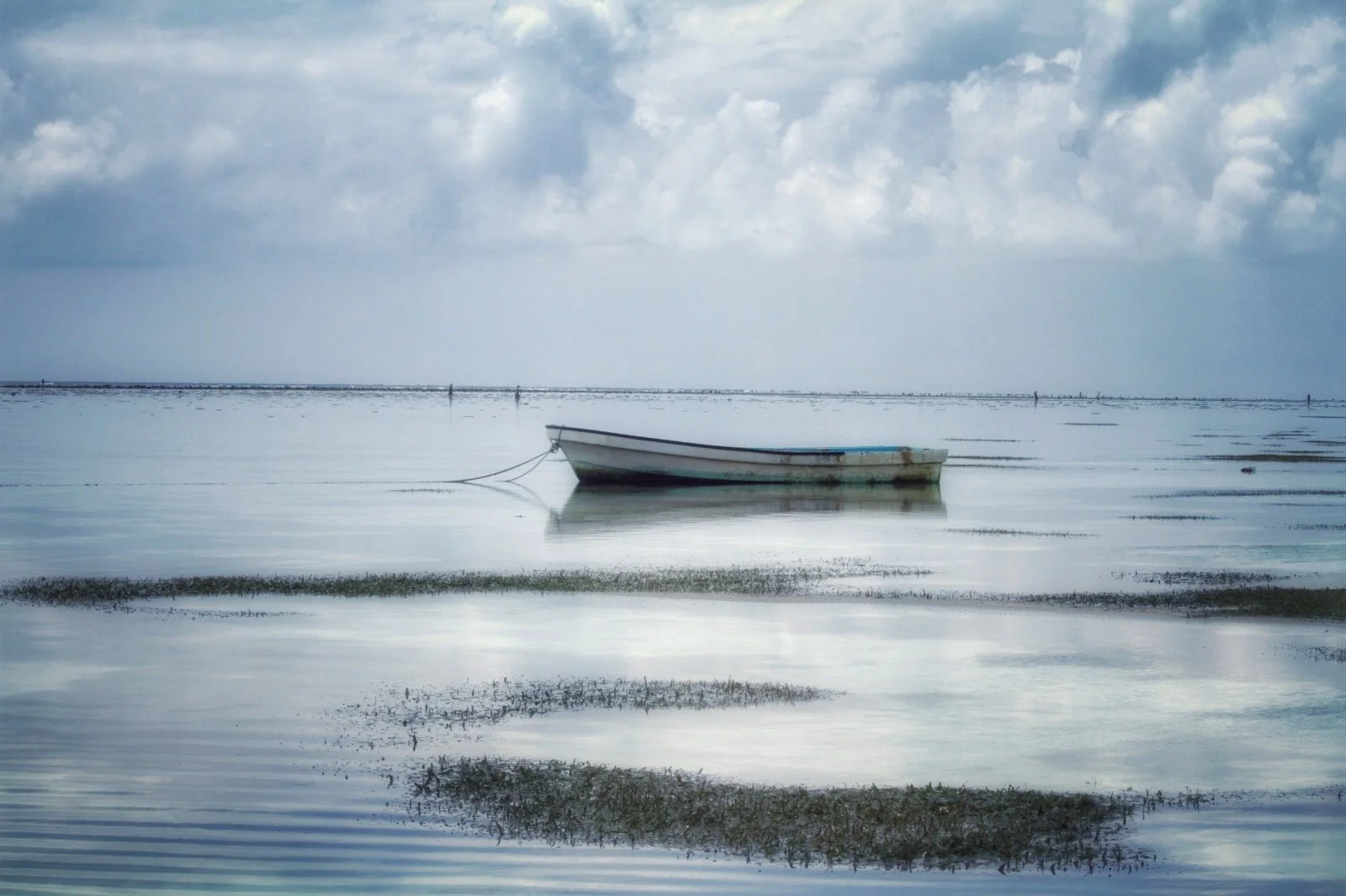  a single moored boat on flat, still water under a pale sky, black and white.