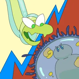 pokemon-like characters of a Lacrymaria and Halteria protist matching up in a boxing match